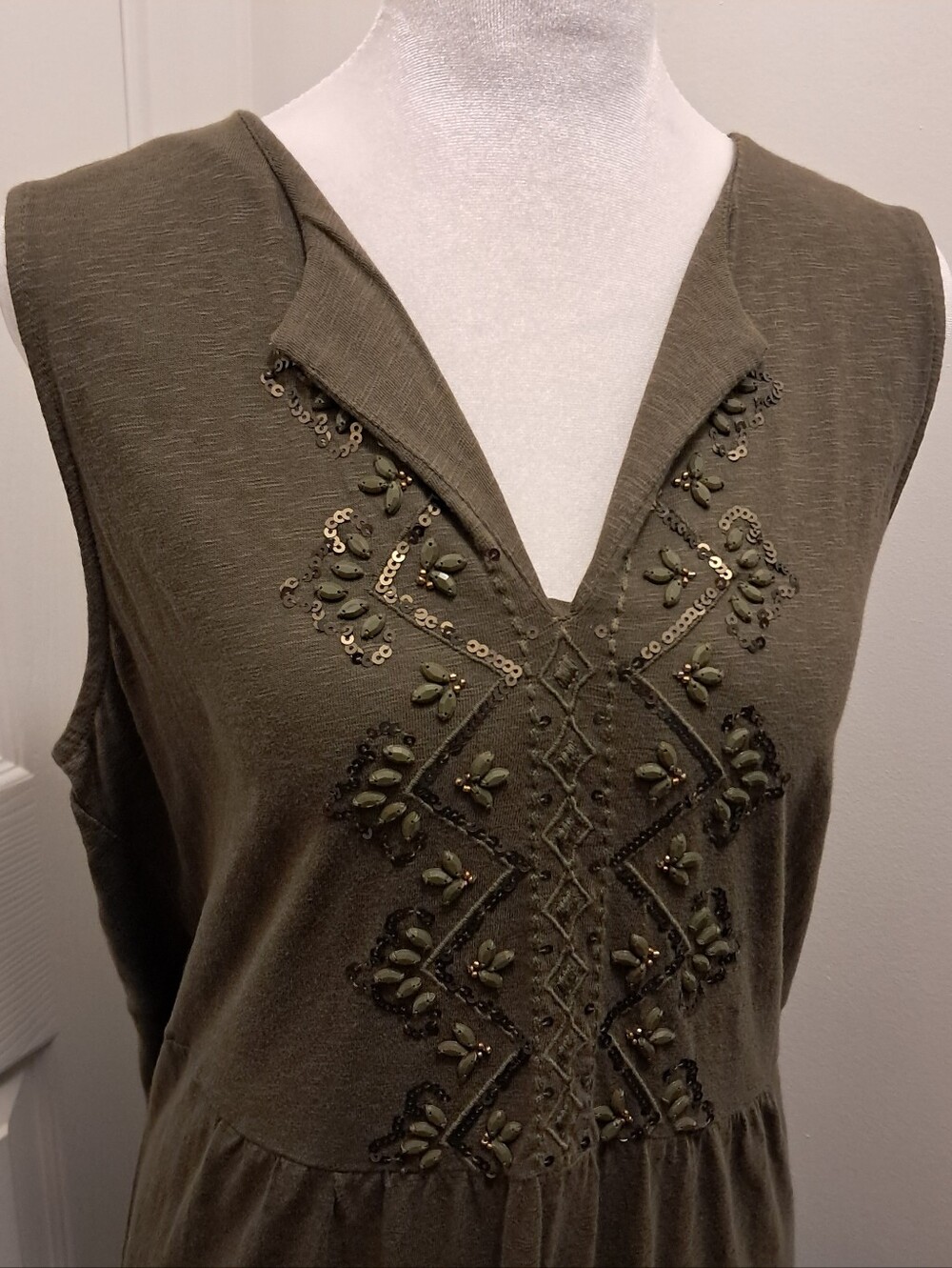 Vtg Y2k Dress Medium M Green Long Maxi Heavily Beaded Goblincore Forest Earthy